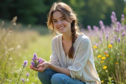 Jeune femme cueillant des violettes dans un champ ensoleille