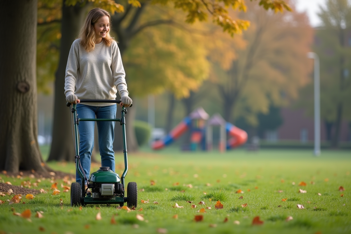 Jeune femme en pantalon de travail et pull observant la pelouse scarifiée dans un parc