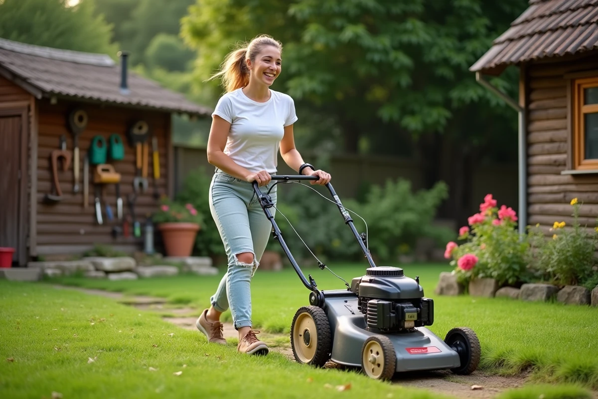 Jeune femme poussant une tondeuse à lames dans un jardin familial