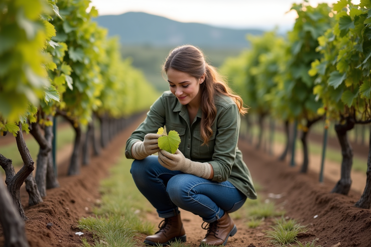 Femme vérifiant les feuilles de vigne pour le mildiou