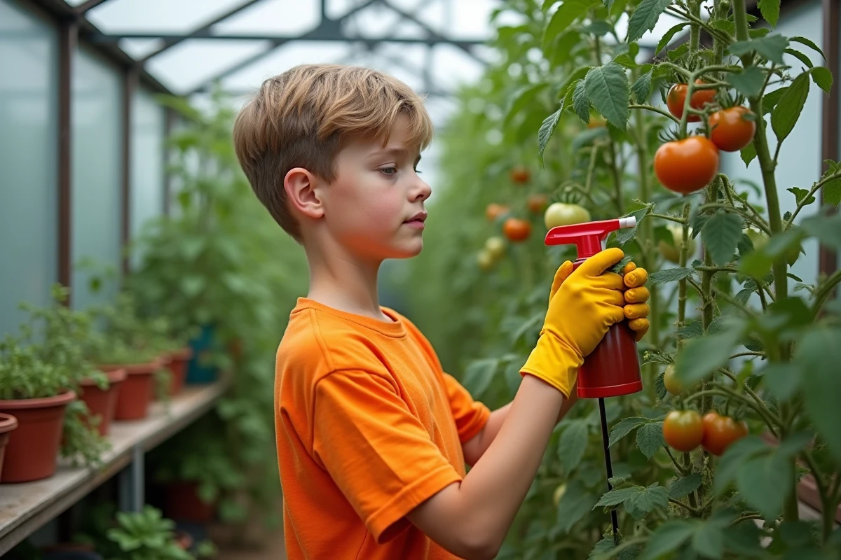 Adolescent appliquant du cuivre sur des plants de tomates en serre