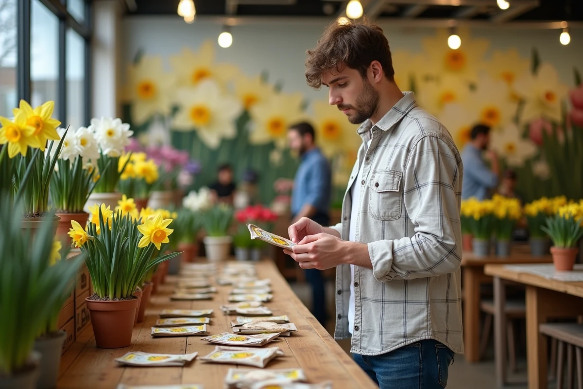 Jeune homme compare des paquets de bulbes dans un centre de jardinage