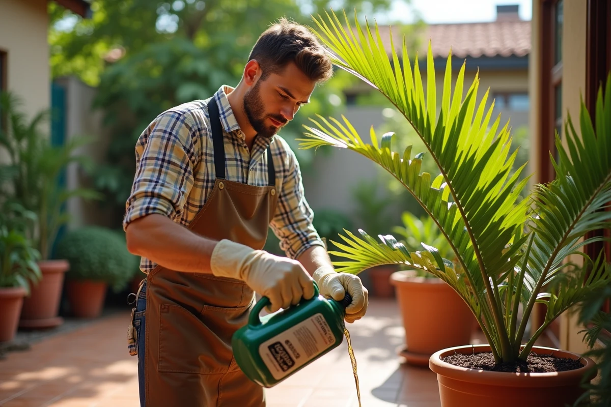 Jeune homme appliquant fertilisant à un palmier extérieur
