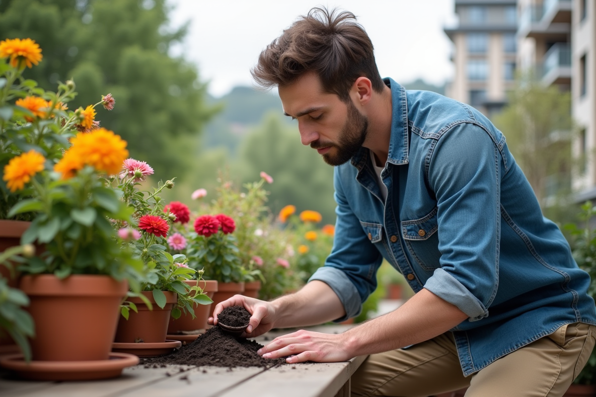 Jeune homme appliquant fertilisant sur plantes en pot