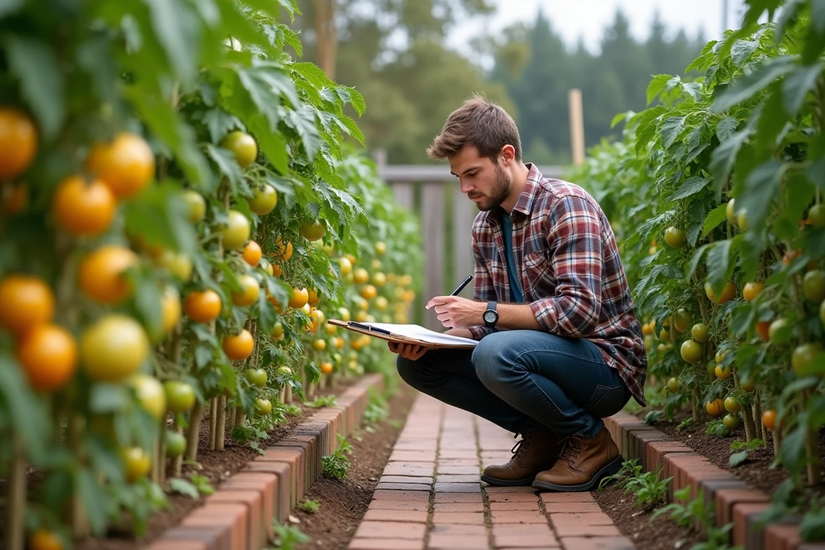 Jeune homme prenant des notes dans un jardin de tomates anciennes