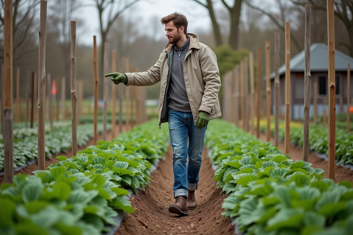 Jeune homme montrant des plants de fraises et d