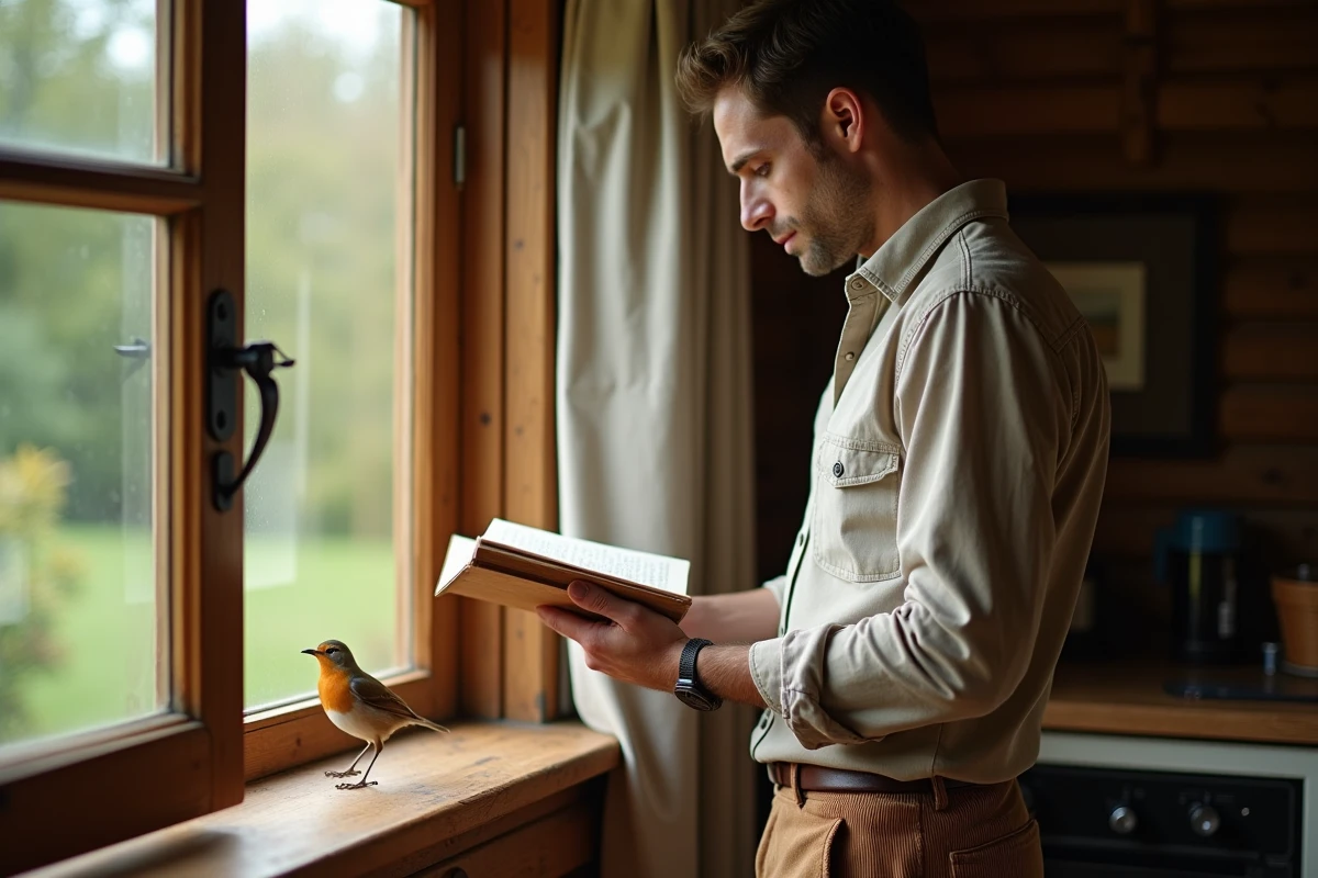 Jeune homme dans une cuisine avec un rouge-gorge sur la fenêtre