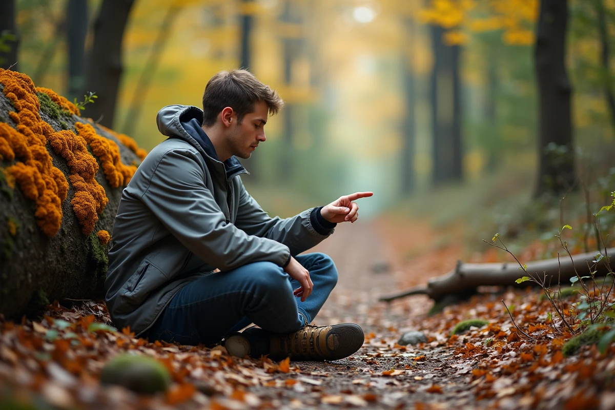 Jeune homme pointant un lichen orange sur un arbre