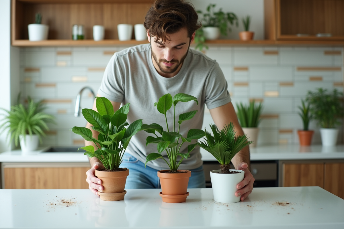 Jeune homme arrangeant des plantes d