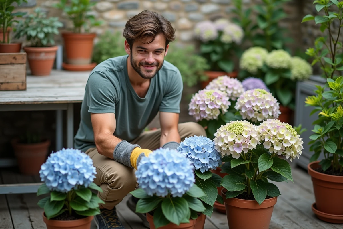 Jeune homme arrangeant des hydrangeas en pot sur terrasse