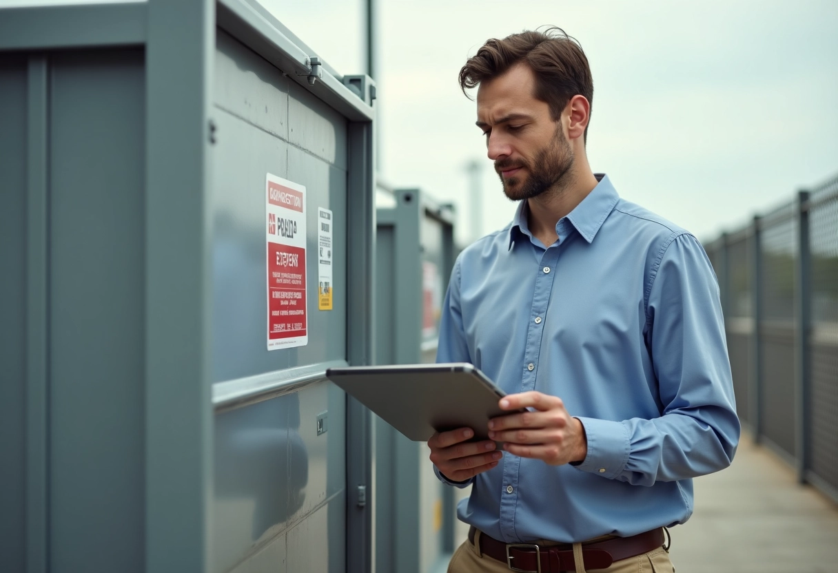 Jeune ingénieur inspectant un conteneur industriel en extérieur