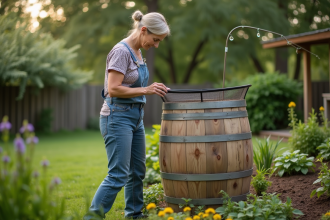 Femme vérifiant un tonneau d'eau de pluie dans un jardin verdoyant