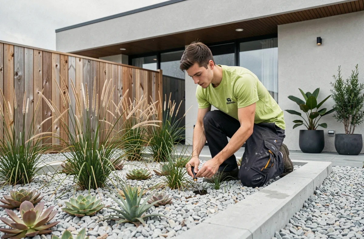 Jeune jardinier Kvert installant des plantes ornementales dans un jardin contemporain en gravier à côté d'une maison moderne