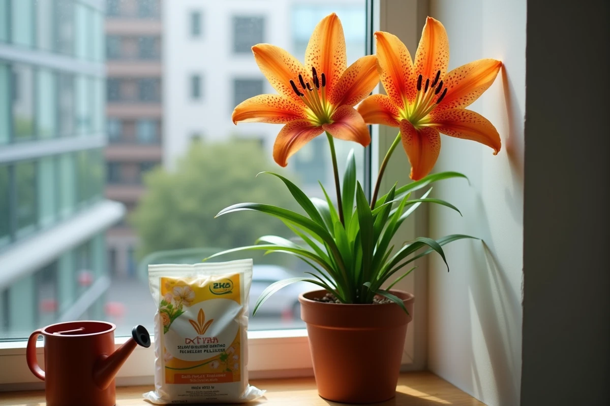 Lys asiatique en pot sur un rebord de fenêtre d'appartement avec arrosoir et engrais, fleurs orange épanouies en gros plan