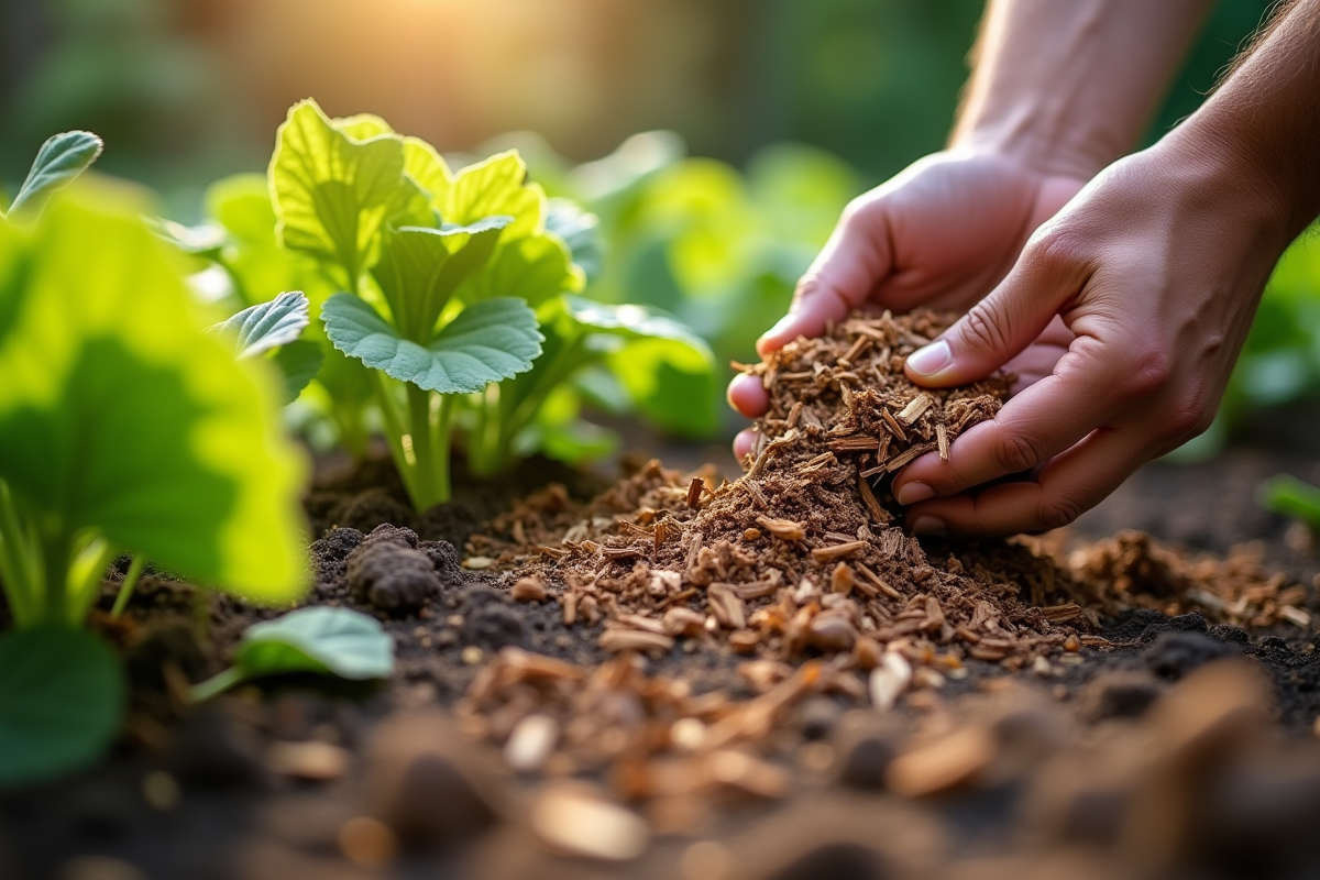Mains appliquant du mulch autour de légumes dans le jardin