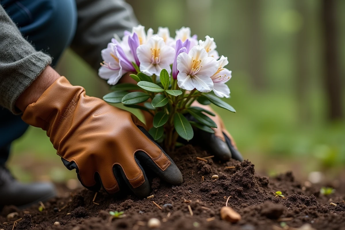 Gros plan sur les mains d'un jardinier qui tasse la terre autour d'un rhododendron planté à l'ombre de conifères