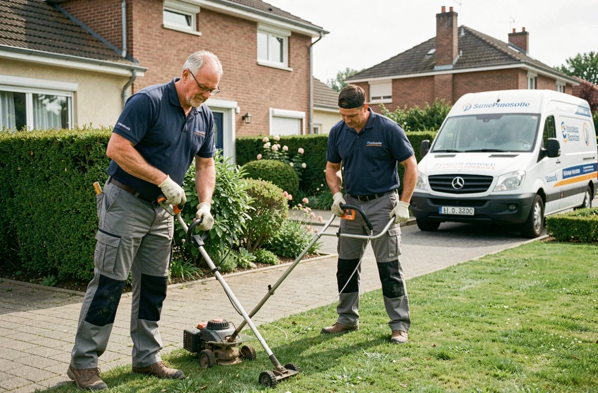 Équipe de jardiniers de Maison et Services Toulouse entretenant le jardin d'un pavillon toulousain avec un véhicule de service garé devant