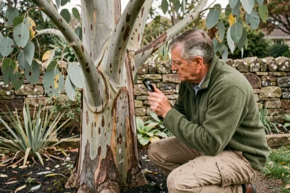 Jardinier inspectant l'écorce d'un Eucalyptus Gunnii (Cider Gum) présentant des taches brunes et des feuilles jaunissantes dans un jardin