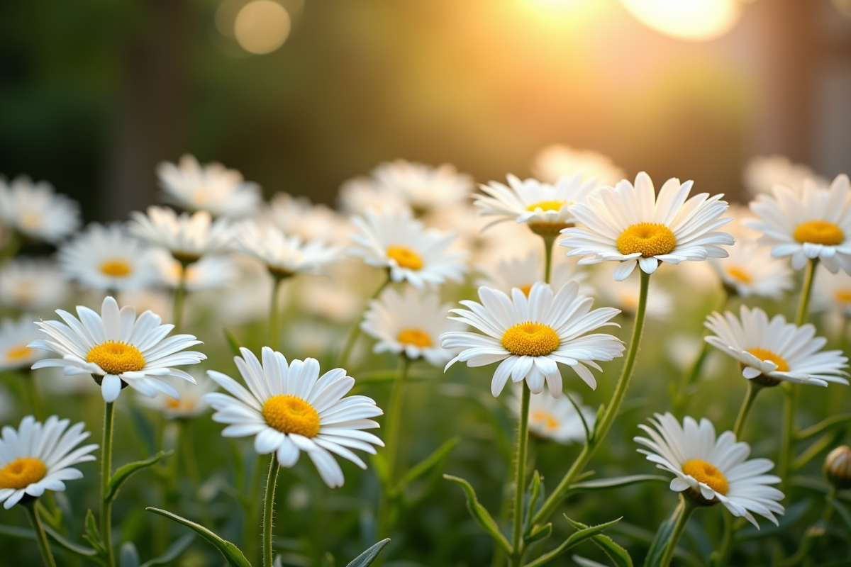 Margarites joyeuses dans un jardin ensoleille avec feuillage vert