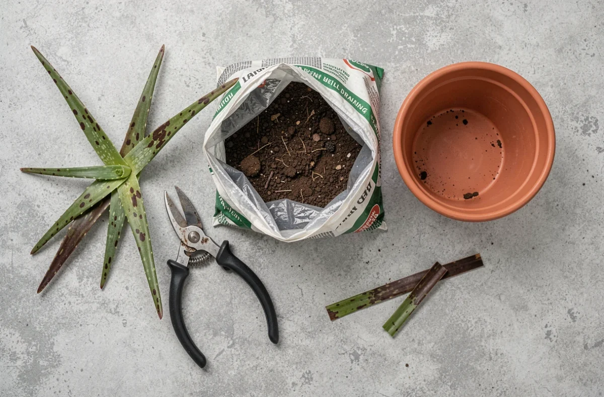 Vue de dessus du matériel pour soigner un aloe vera malade : sécateur, terre drainante, pot en terre cuite et feuilles abîmées retirées