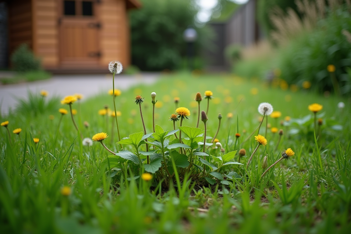 Gros plan sur mauvaises herbes envahissant la pelouse