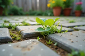 Mauvaises herbes qui repoussent entre les joints de pavés autobloquants dans une allée résidentielle