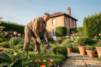 Jardinier professionnel entretenant un jardin résidentiel typique de Haute-Garonne avec une maison en briques toulousaines en arrière-plan