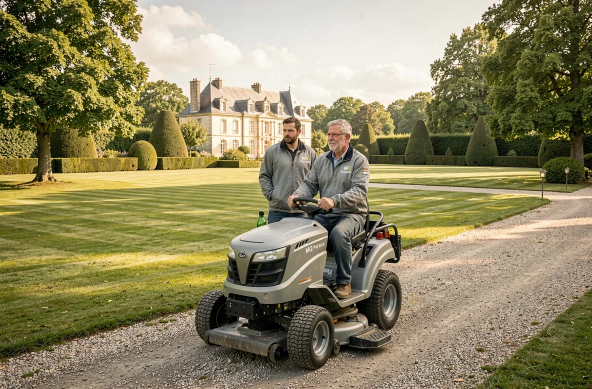 Équipe MG Paysage en vestes de travail brandées opérant une tondeuse autoportée sur le grand jardin d'un domaine privé en Haute-Garonne