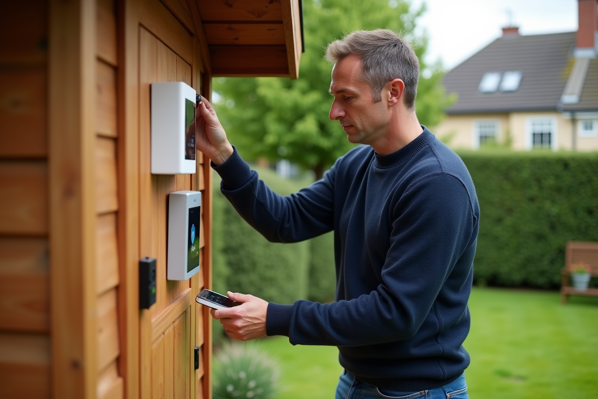 Homme installant une station météo sur une cabane de jardin