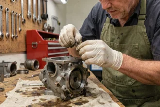 Mécanicien tenant un ressort régulateur de moteur Briggs et Stratton au-dessus d'un moteur démonté sur un établi d'atelier