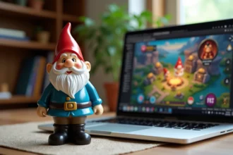 Nain de jardin en céramique posé devant un ordinateur portable avec interface de jeu colorée sur un bureau en bois