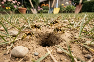 Gros plan sur l'entrée d'un nid de guêpes souterraines dans la terre d'un jardin, avec plusieurs guêpes en vol au-dessus du trou