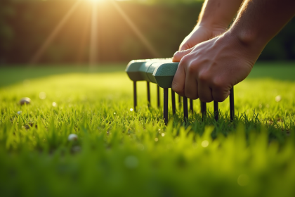 Personne utilisant un aerateur manuel sur une pelouse verte au matin