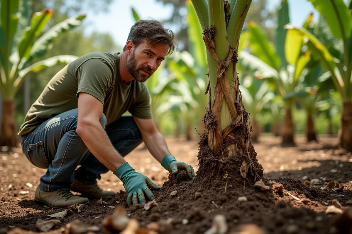 Homme appliquant un paillis organique naturel au pied d'un bananier pour entretien biologique et prévention des maladies