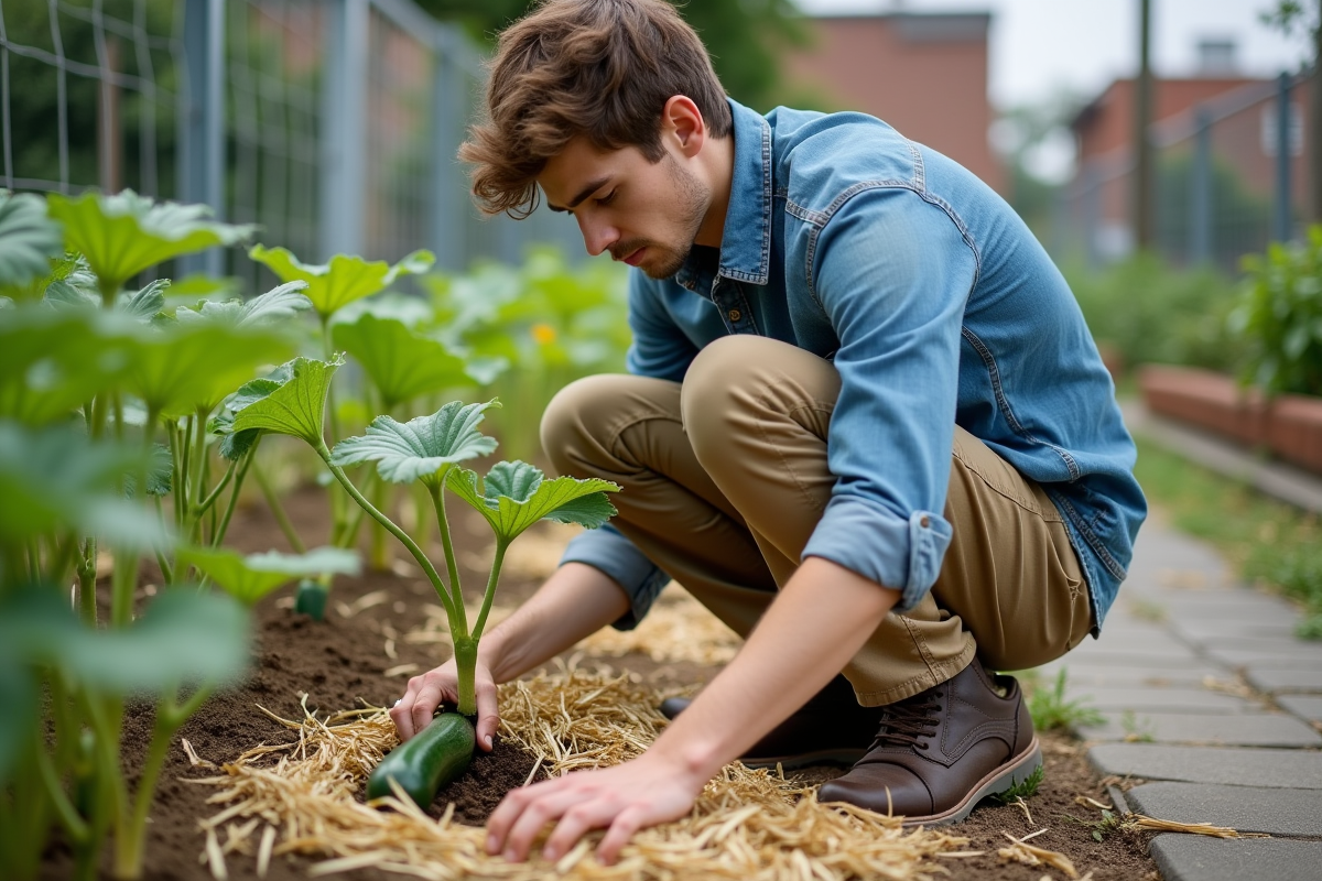 Jeune homme posant paillage autour d