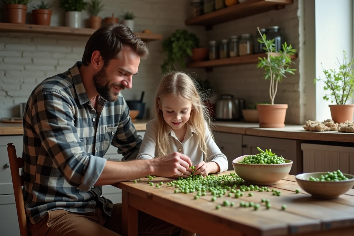 Père et fille égrainant des pois à la cuisine
