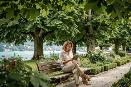 Femme lisant sur un banc dans un parc verdoyant d'Annecy avec vue sur le lac en arrière-plan