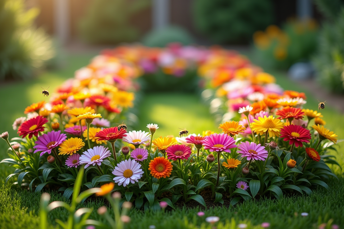 Jardin avec parterre en U de fleurs sauvages colorées et abeilles