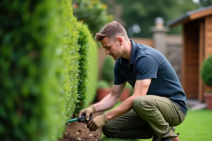 Paysagiste expérimenté en train de tailler une haie dans un jardin résidentiel soigné, illustrant le métier après plusieurs années de pratique