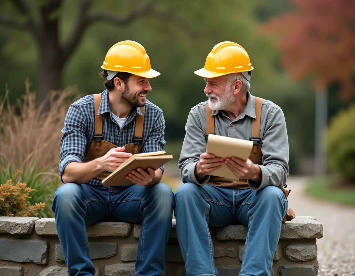 Deux paysagistes de générations différentes discutant d'un projet lors d'une pause sur chantier, illustrant la transmission des savoirs et les écarts de salaire selon l'ancienneté