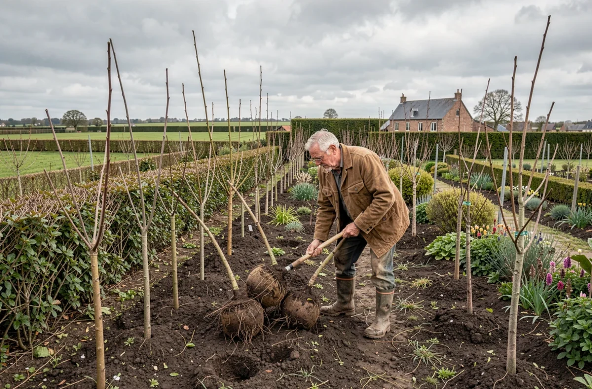 Pépiniériste normand inspectant des charmes en pleine terre dans les champs de la pépinière Lanthier à Quevillon