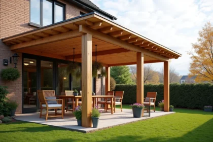 Pergola en bois fermée avec panneaux en polycarbonate adossée à une maison, entourée d'un jardin en automne