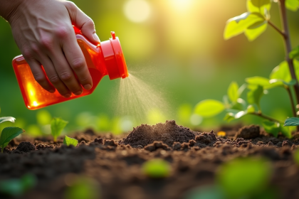Personne versant un répulsif naturel contre les fourmis dans un jardin