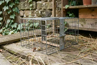 Piège cage en grillage métallique posé sur le sol d'un cabanon en bois pour capturer une fouine sans blesser les animaux