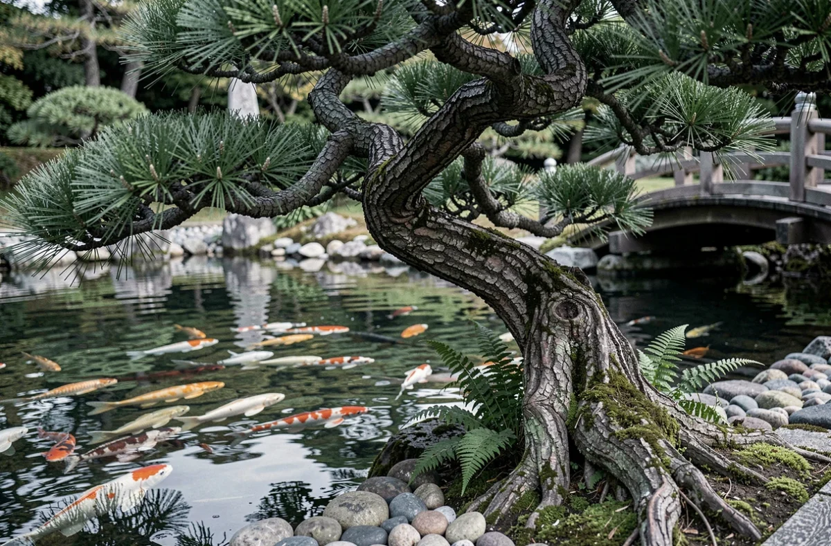 Pin noir du Japon taillé en niwaki au bord d'un bassin à koïs dans un jardin japonais traditionnel