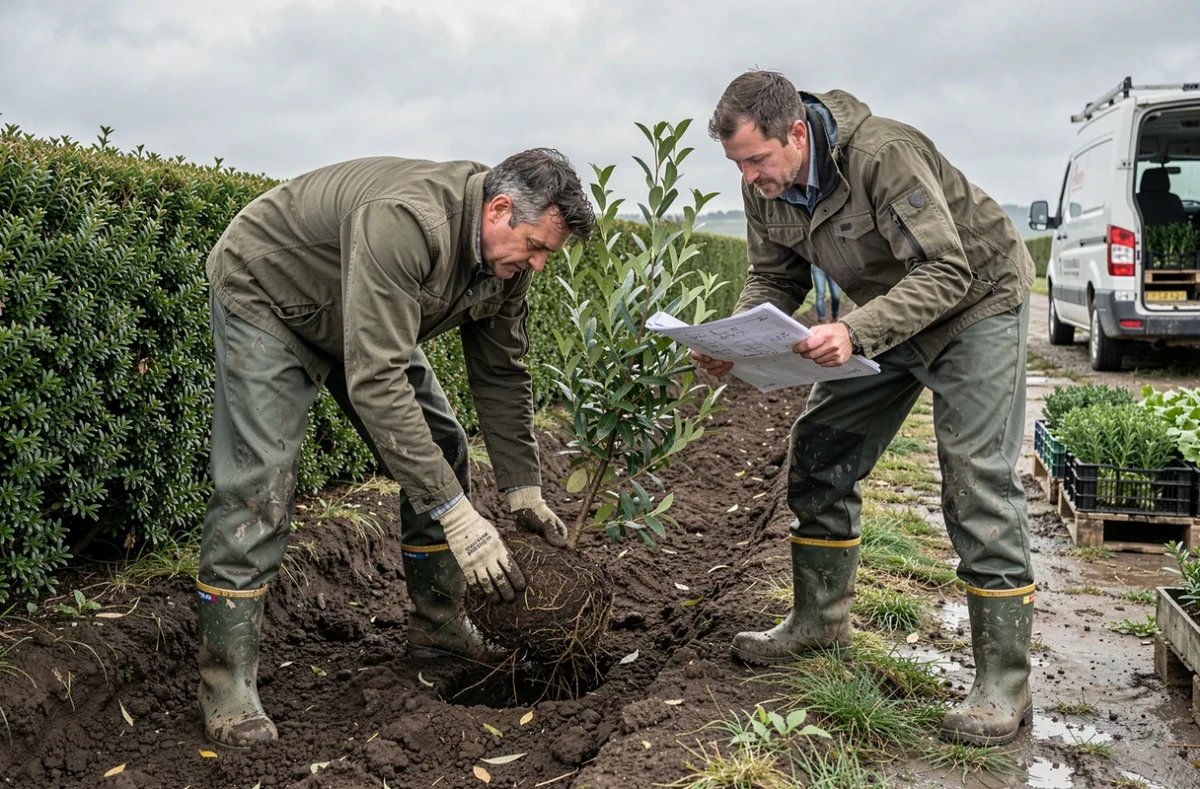 Deux paysagistes de Pinson Paysage Normandie en train de planter une haie de hêtres et ifs dans un jardin rural normand