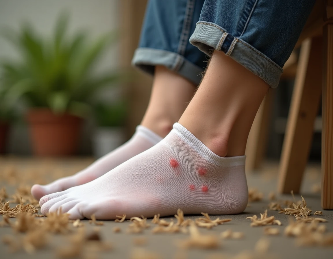 Piqûres d'aoûtats visibles sur la cheville d'un adulte assis sur une terrasse en bois, petits points rouges caractéristiques