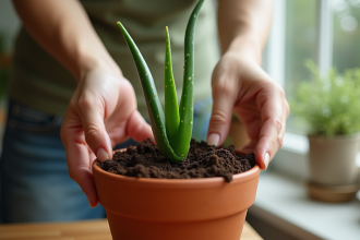 Main plantant une aloe vera dans un pot en terre cuite