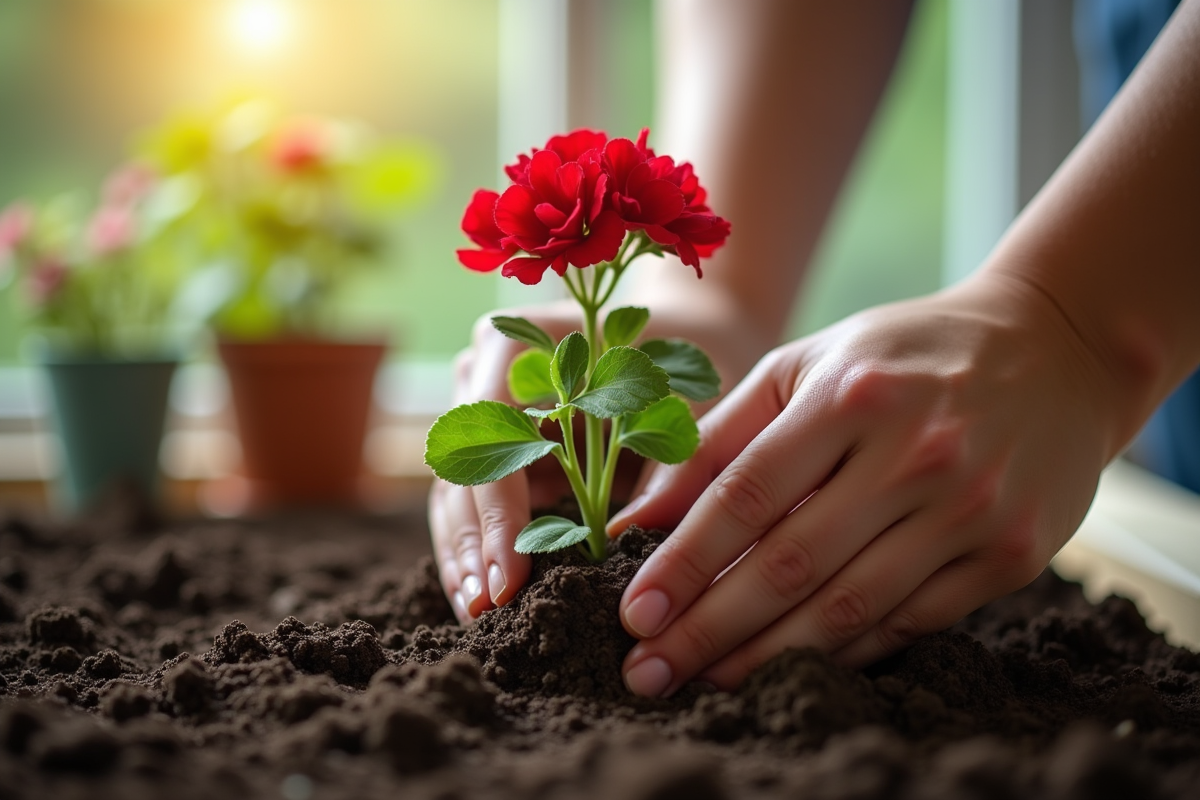 Mains plantant un geranium dans un pot de terre fraîche