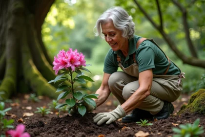 Femme qui plante un rhododendron en pleine terre à l'ombre d'un grand chêne dans un jardin naturel